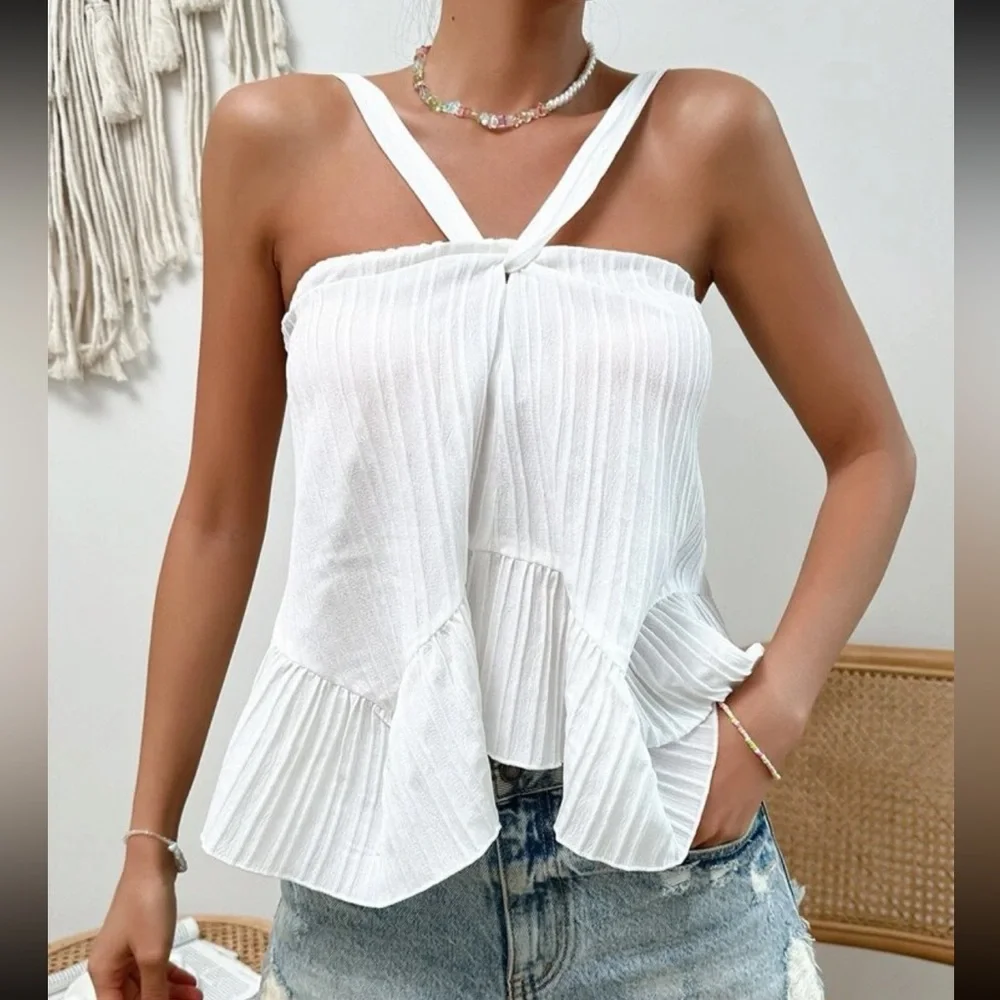 Boho ribbed ruffle hem halter tank top